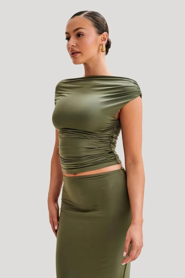Women Meshki Tops Alayna Slinky Ruched Top 8211 Olive