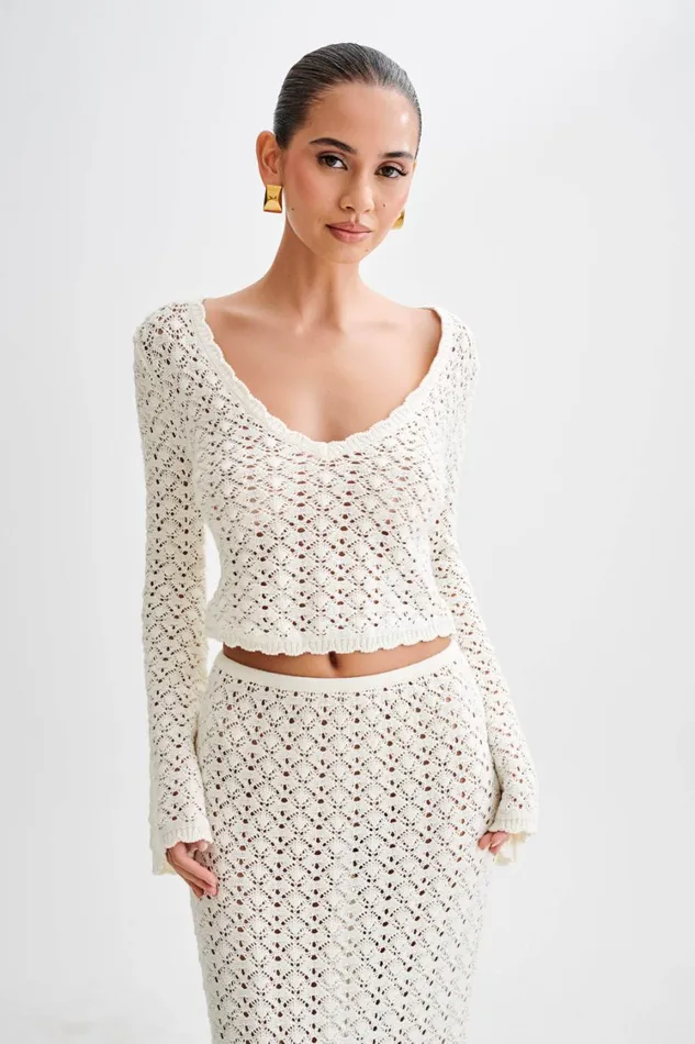 Women Meshki Tops Anais Scalloped Long Sleeve Knit Top 8211 Ivory