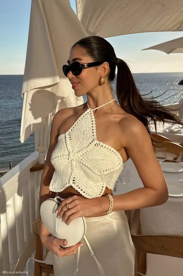 Women Meshki Tops Bailey Floral Crochet Halter Top 8211 Ivory