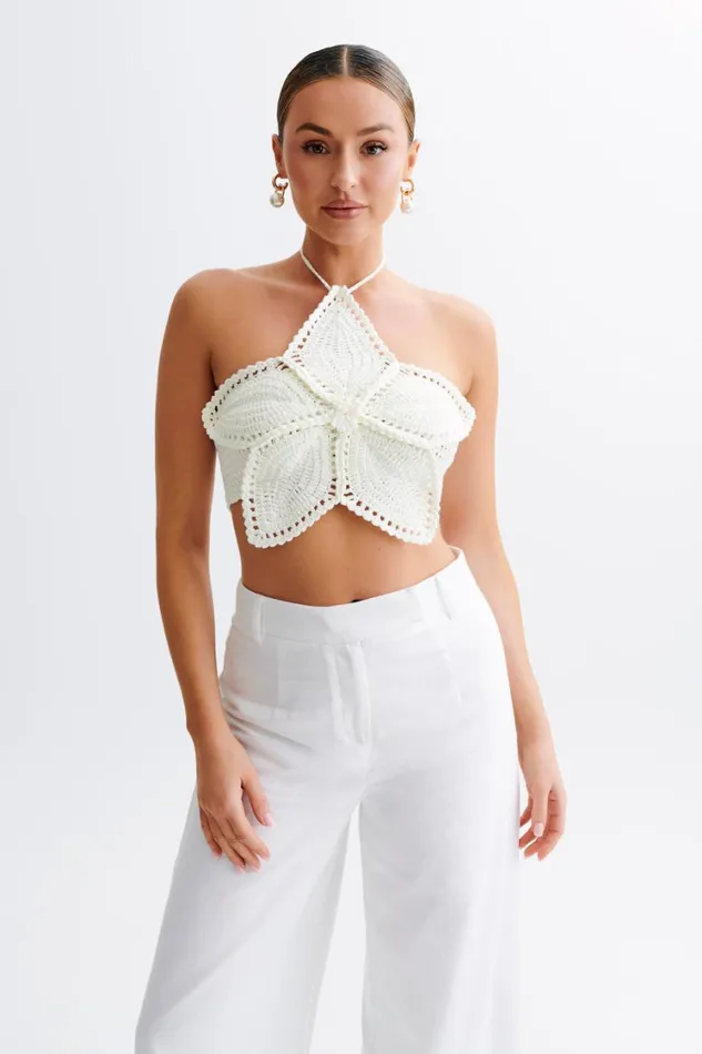 Women Meshki Tops Bailey Floral Crochet Halter Top 8211 Ivory