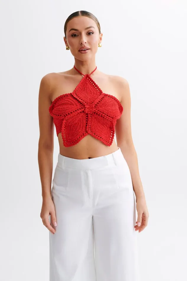 Women Meshki Tops Bailey Floral Crochet Halter Top 8211 Pomegranate