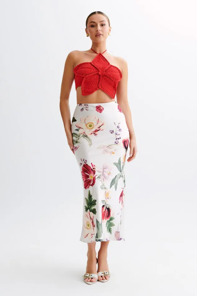 Women Meshki Tops Bailey Floral Crochet Halter Top 8211 Pomegranate