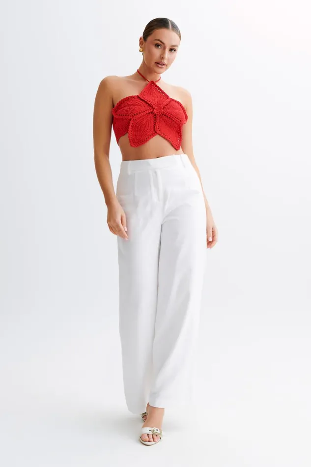 Women Meshki Tops Bailey Floral Crochet Halter Top 8211 Pomegranate