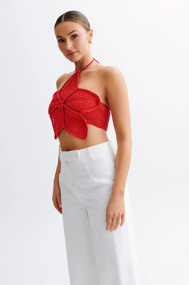 Women Meshki Tops Bailey Floral Crochet Halter Top 8211 Pomegranate