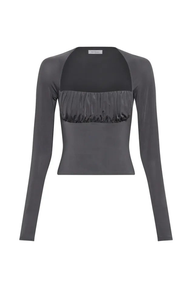 Women Meshki Tops Billie Slinky Ruched Long Sleeve Top 8211 Charcoal