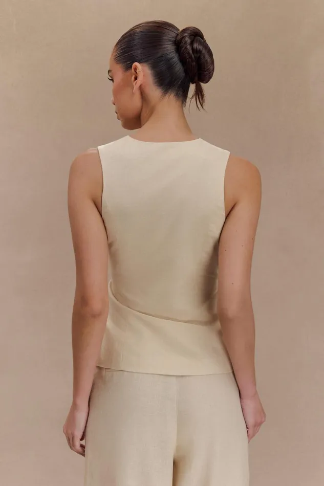 Women Meshki Tops Brandi Linen Sleeveless Wrap Top 8211 Wheat Marle