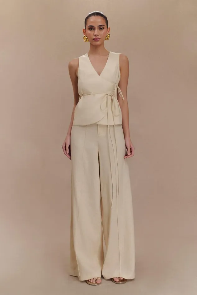 Women Meshki Tops Brandi Linen Sleeveless Wrap Top 8211 Wheat Marle