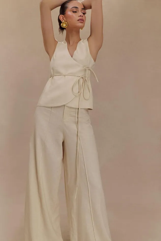 Women Meshki Tops Brandi Linen Sleeveless Wrap Top 8211 Wheat Marle
