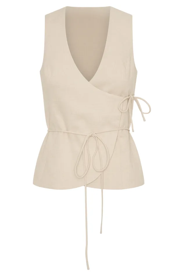 Women Meshki Tops Brandi Linen Sleeveless Wrap Top 8211 Wheat Marle