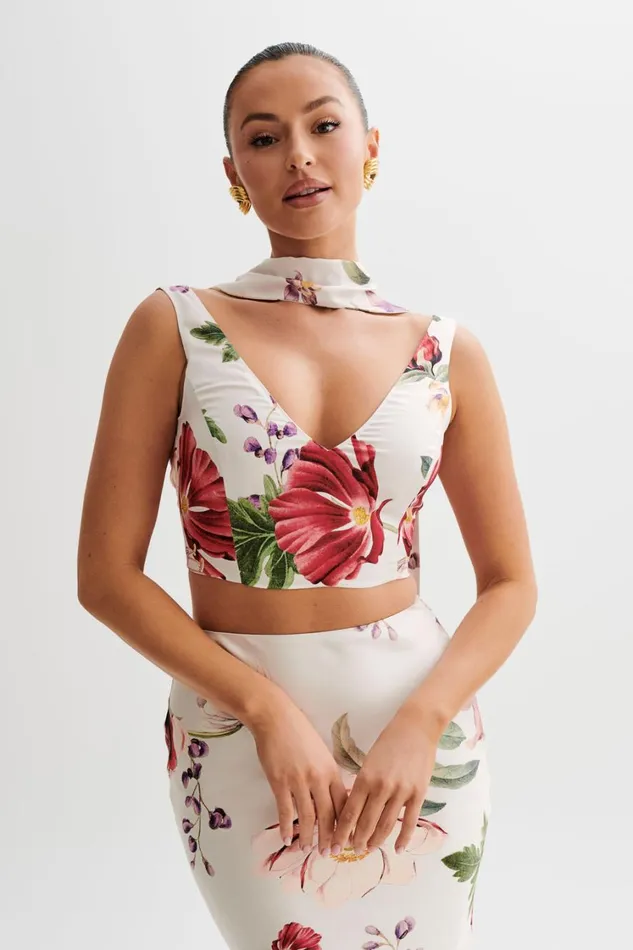 Women Meshki Tops Carla Satin Sleeveless Top With Scarf 8211 Bella Rosa Print