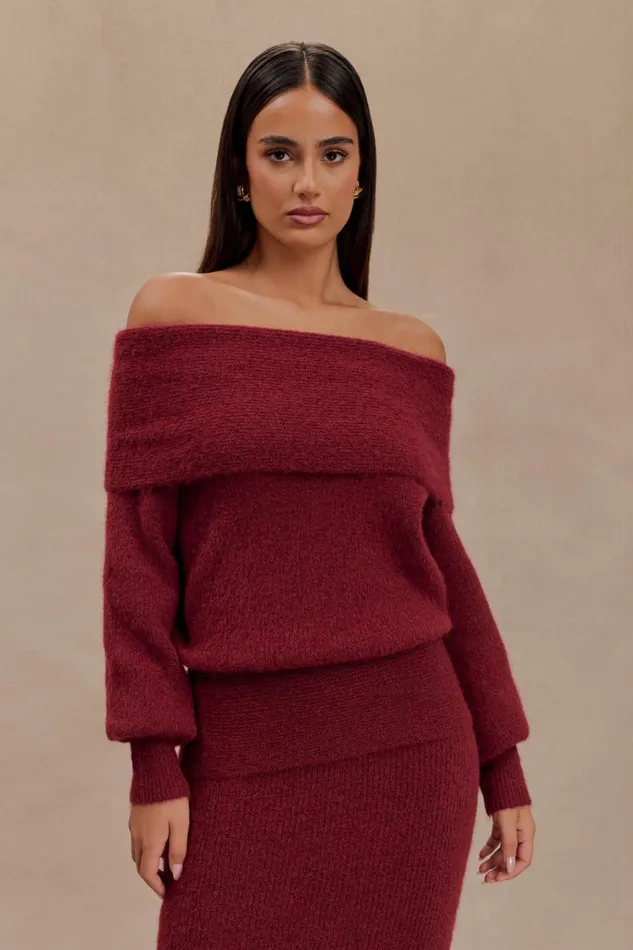Women Meshki Tops Charlotte Off Shoulder Knit Long Sleeve Top 8211 Merlot