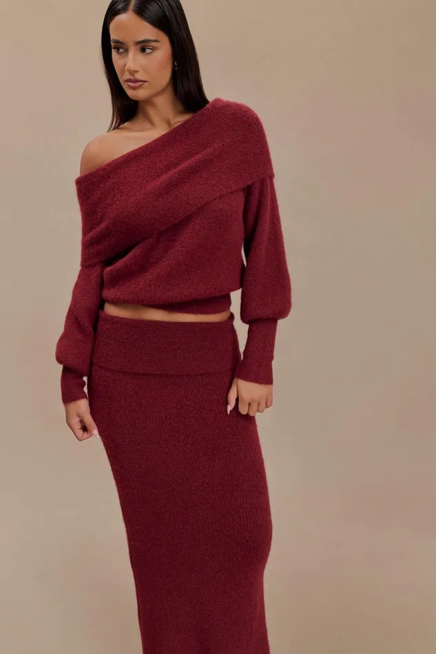 Women Meshki Tops Charlotte Off Shoulder Knit Long Sleeve Top 8211 Merlot