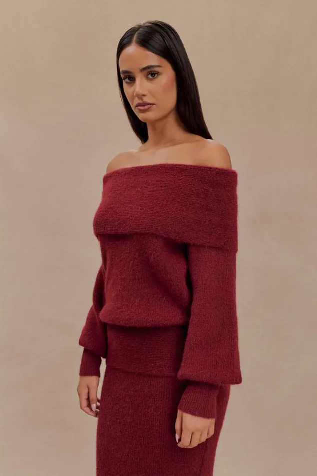 Women Meshki Tops Charlotte Off Shoulder Knit Long Sleeve Top 8211 Merlot