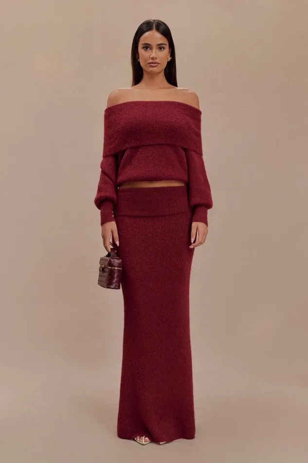 Women Meshki Tops Charlotte Off Shoulder Knit Long Sleeve Top 8211 Merlot