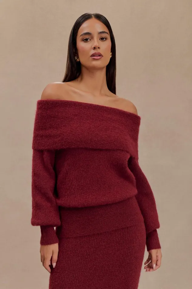 Women Meshki Tops Charlotte Off Shoulder Knit Long Sleeve Top 8211 Merlot