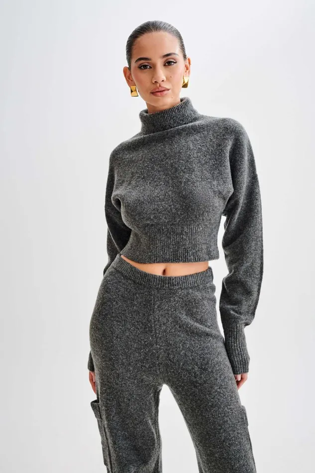 Women Meshki Tops Darius Turtleneck Knit Crop Top 8211 Charcoal Marle