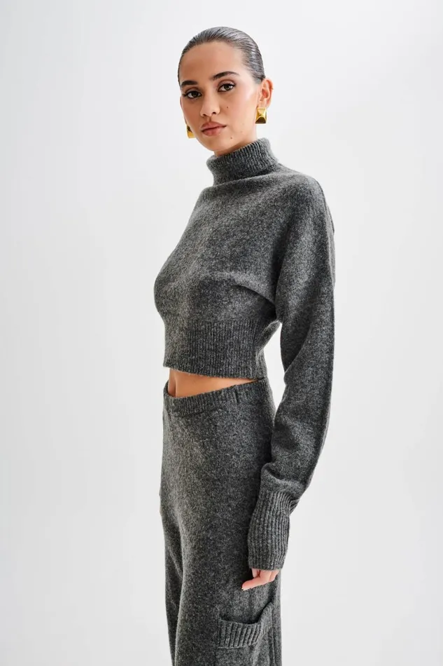 Women Meshki Tops Darius Turtleneck Knit Crop Top 8211 Charcoal Marle