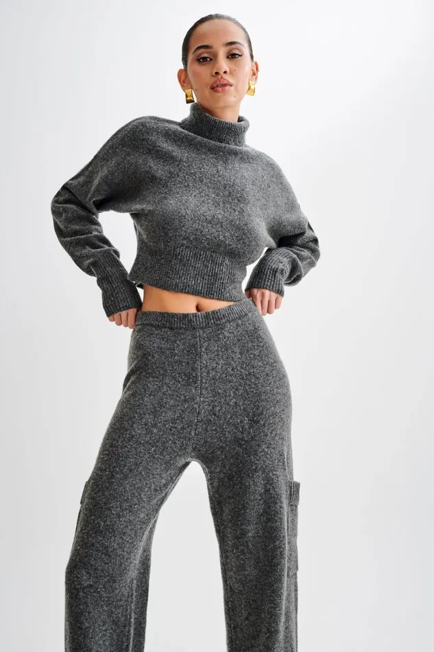Women Meshki Tops Darius Turtleneck Knit Crop Top 8211 Charcoal Marle