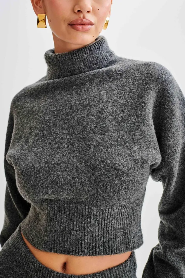 Women Meshki Tops Darius Turtleneck Knit Crop Top 8211 Charcoal Marle