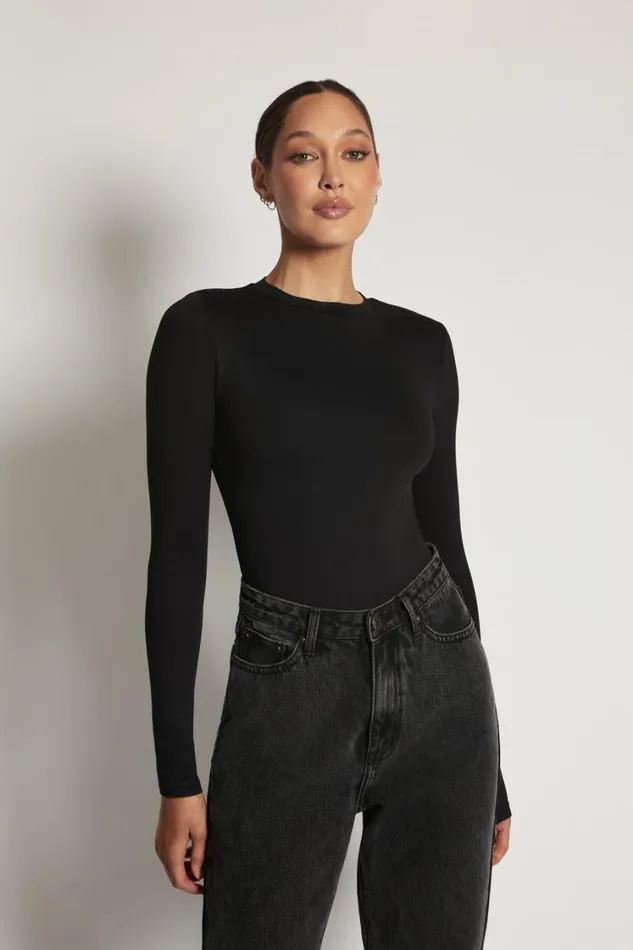 Women Meshki Tops Delilah Long Sleeve Crew Neck Bodysuit 8211 Black