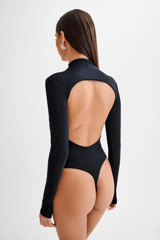Women Meshki Tops Elani Slinky High Neck Bodysuit 8211 Black