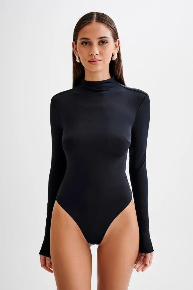 Women Meshki Tops Elani Slinky High Neck Bodysuit 8211 Black