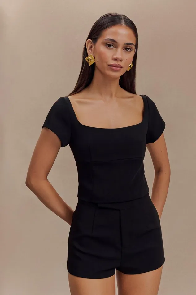 Women Meshki Tops Ellis Cap Sleeve Longline Suiting Top 8211 Black