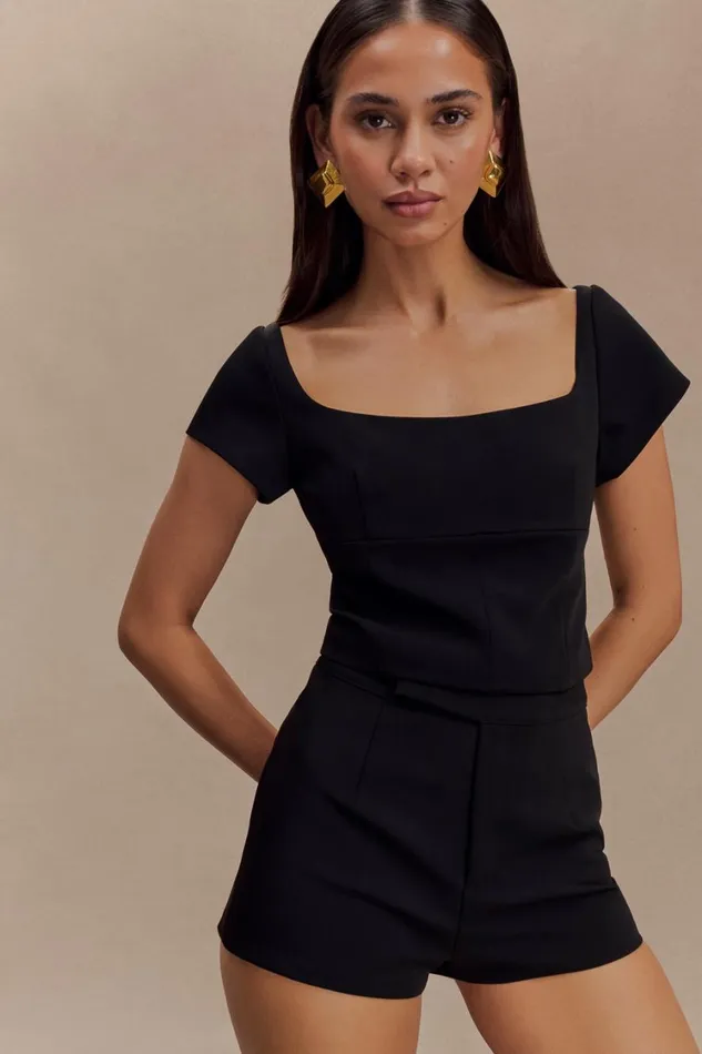 Women Meshki Tops Ellis Cap Sleeve Longline Suiting Top 8211 Black