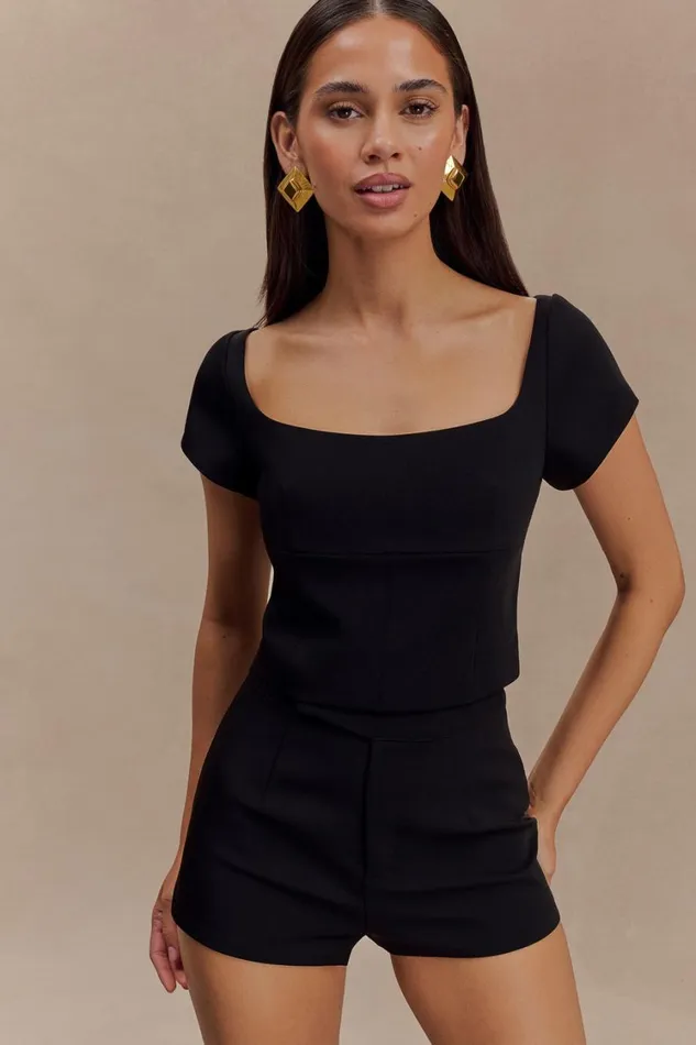 Women Meshki Tops Ellis Cap Sleeve Longline Suiting Top 8211 Black