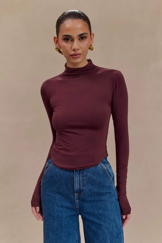 Women Meshki Tops Ember Modal Long Sleeve High Neck Top 8211 Mahogany