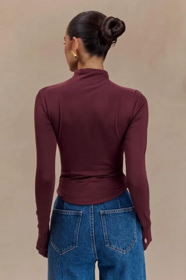 Women Meshki Tops Ember Modal Long Sleeve High Neck Top 8211 Mahogany