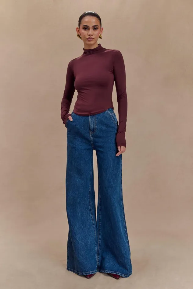 Women Meshki Tops Ember Modal Long Sleeve High Neck Top 8211 Mahogany