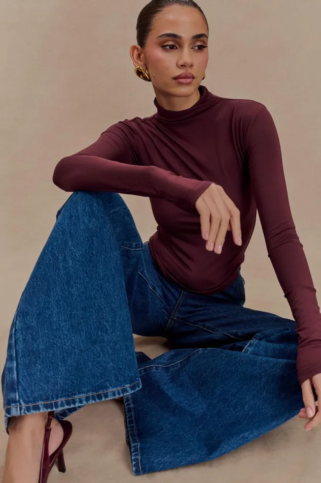 Women Meshki Tops Ember Modal Long Sleeve High Neck Top 8211 Mahogany
