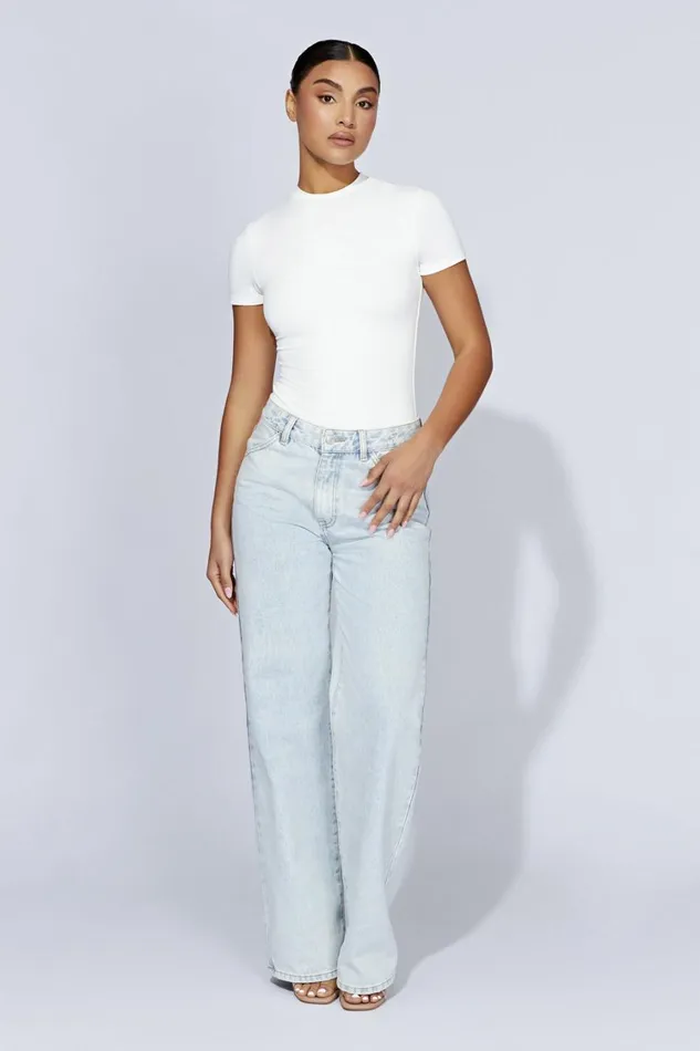 Women Meshki Tops Francesca Crew Neck Short Sleeve Bodysuit 8211 White