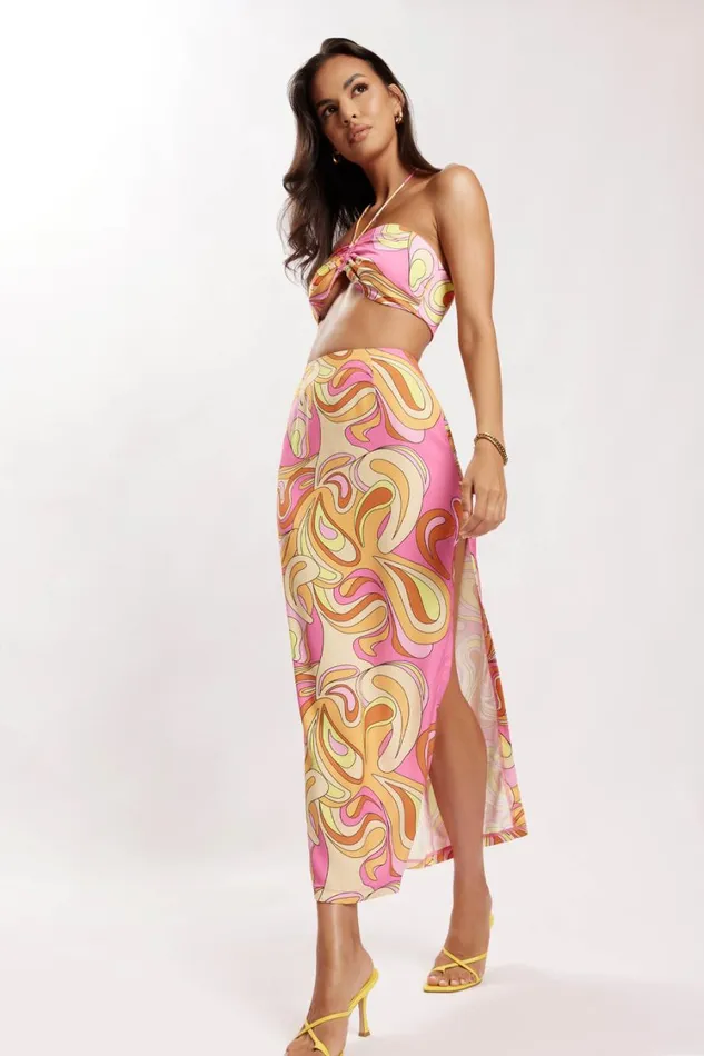 Women Meshki Tops Frankie Two Tone Satin Bandeau 8211 Psychedelic Print Women Meshki Tops Frankie Two Tone Satin Bandeau 8211 Psychedelic Print