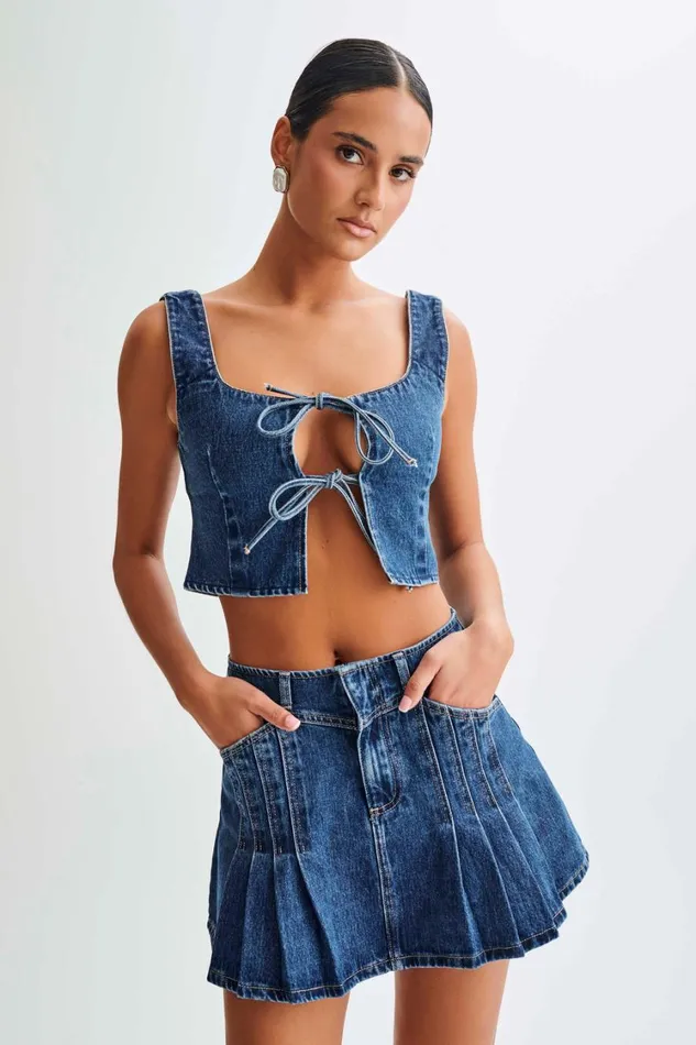 Women Meshki Tops Heather Denim Tie Front Top 8211 Dark Blue