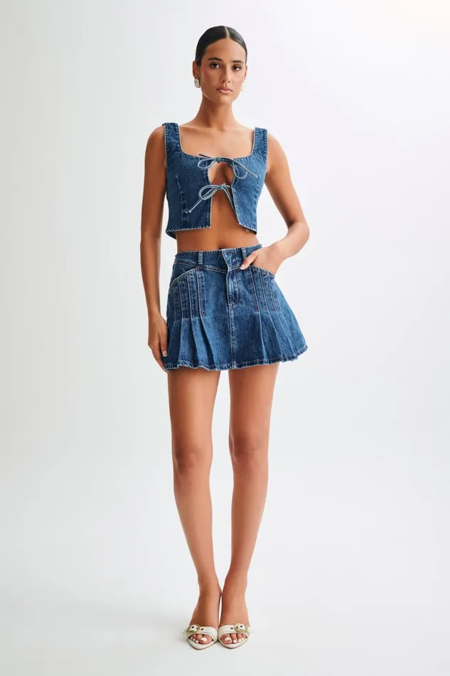 Women Meshki Tops Heather Denim Tie Front Top 8211 Dark Blue