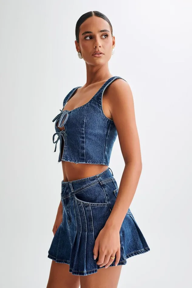Women Meshki Tops Heather Denim Tie Front Top 8211 Dark Blue