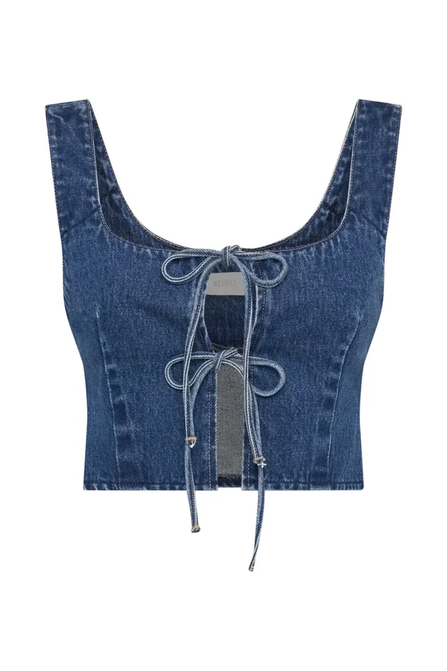 Women Meshki Tops Heather Denim Tie Front Top 8211 Dark Blue