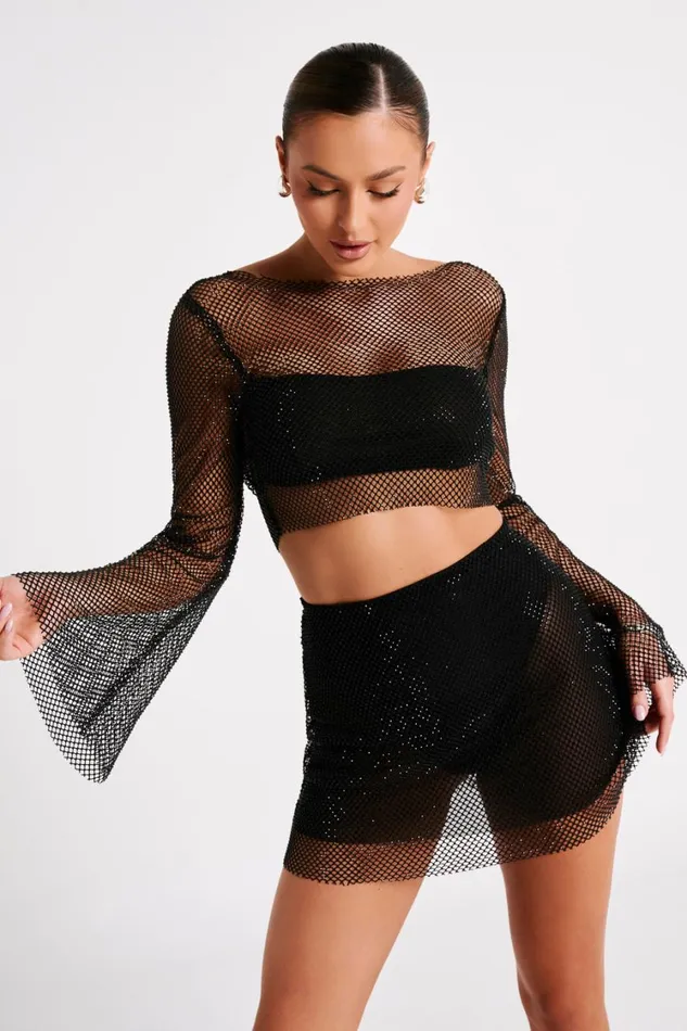 Women Meshki Tops Hilton Diamante Mesh Cowl Top 8211 Black
