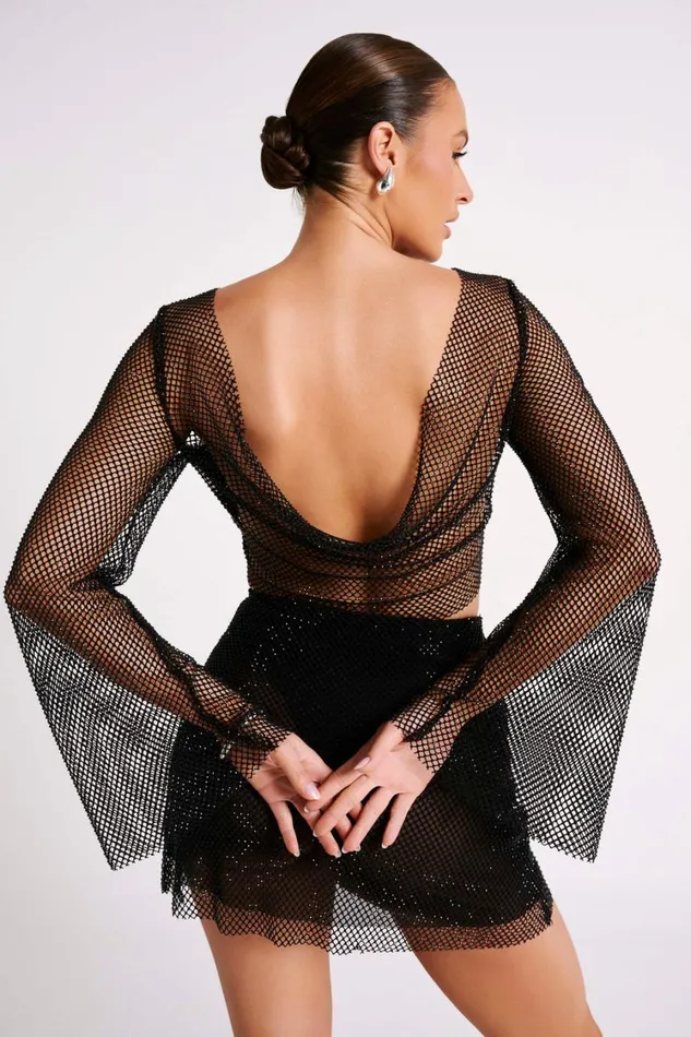 Women Meshki Tops Hilton Diamante Mesh Cowl Top 8211 Black