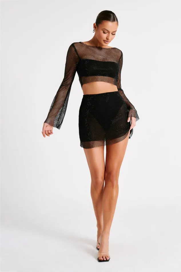Women Meshki Tops Hilton Diamante Mesh Cowl Top 8211 Black