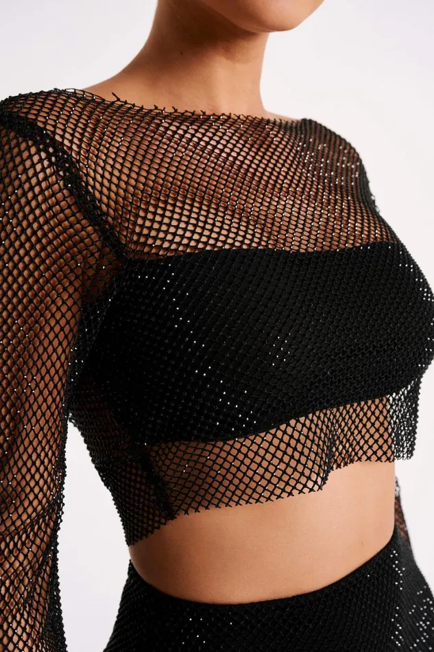 Women Meshki Tops Hilton Diamante Mesh Cowl Top 8211 Black