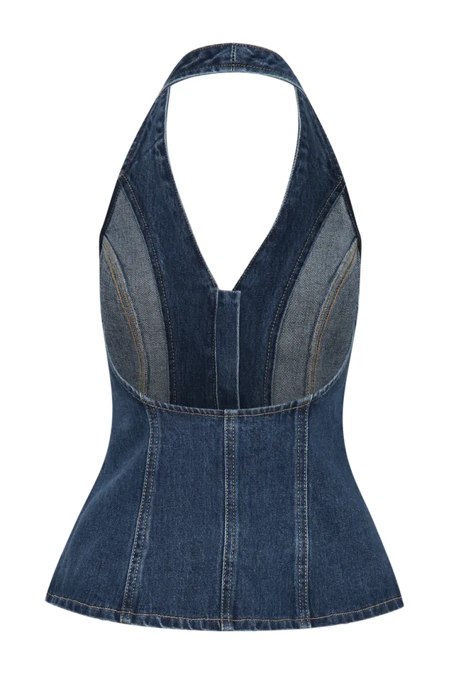 Women Meshki Tops India Button Front Halter Denim Longline Top 8211 Dark Blue