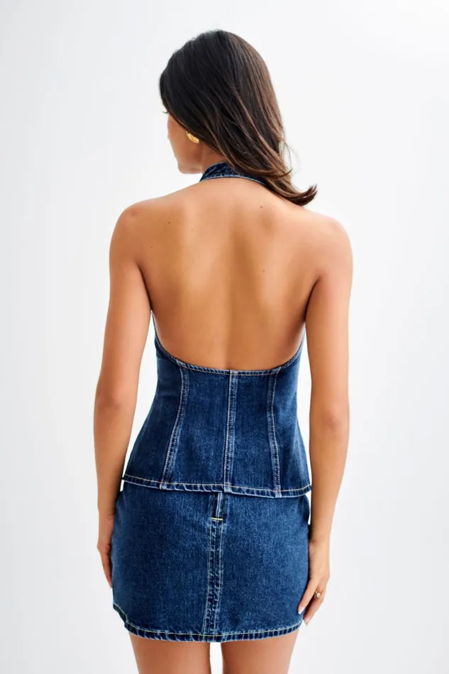 Women Meshki Tops India Button Front Halter Denim Longline Top 8211 Dark Blue
