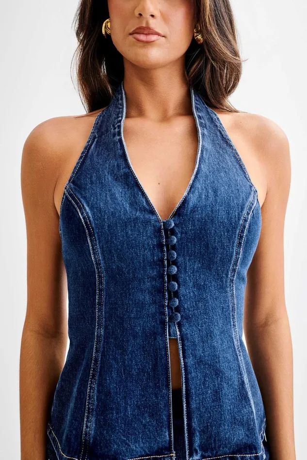 Women Meshki Tops India Button Front Halter Denim Longline Top 8211 Dark Blue
