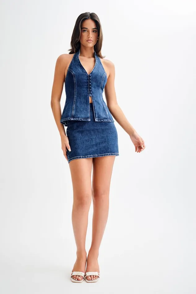 Women Meshki Tops India Button Front Halter Denim Longline Top 8211 Dark Blue