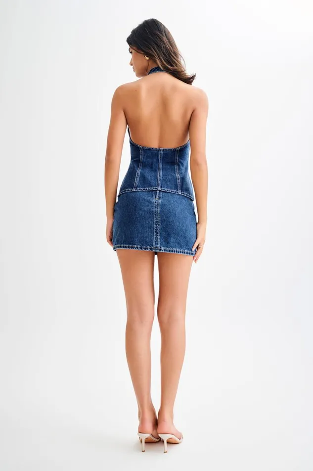 Women Meshki Tops India Button Front Halter Denim Longline Top 8211 Dark Blue