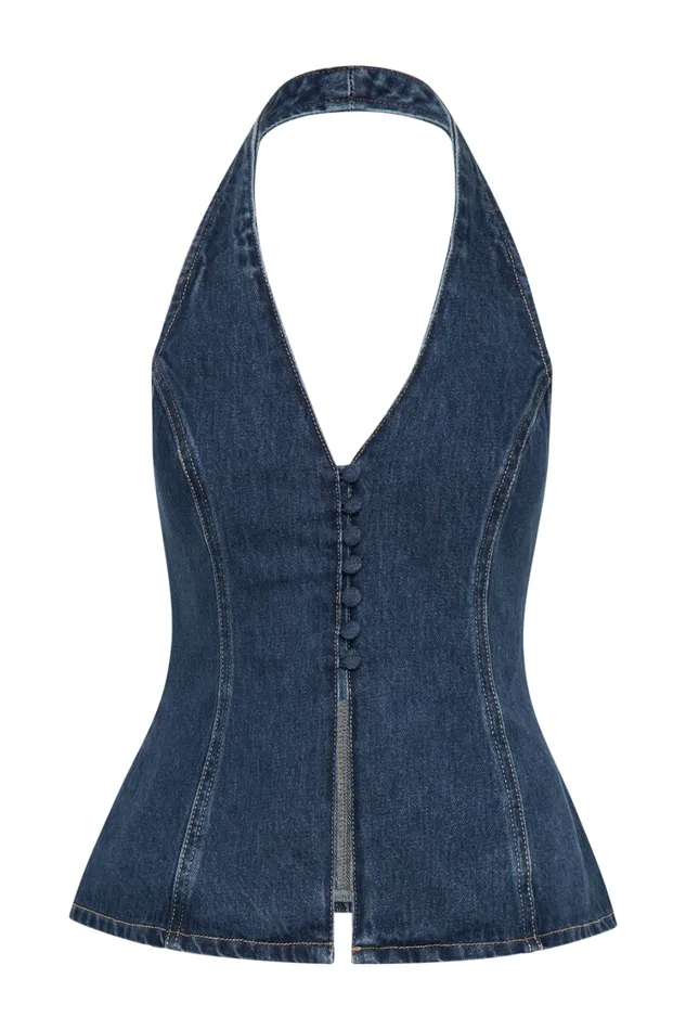 Women Meshki Tops India Button Front Halter Denim Longline Top 8211 Dark Blue