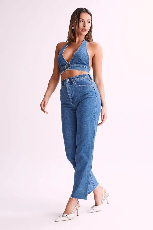 Women Meshki Tops KellyAnne Denim Halter Top 8211 70039S Blue